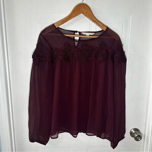 LC Lauren Conrad Wine Burgundy Sheer Peasant Blouse w/ Floral Lace Yoke, L